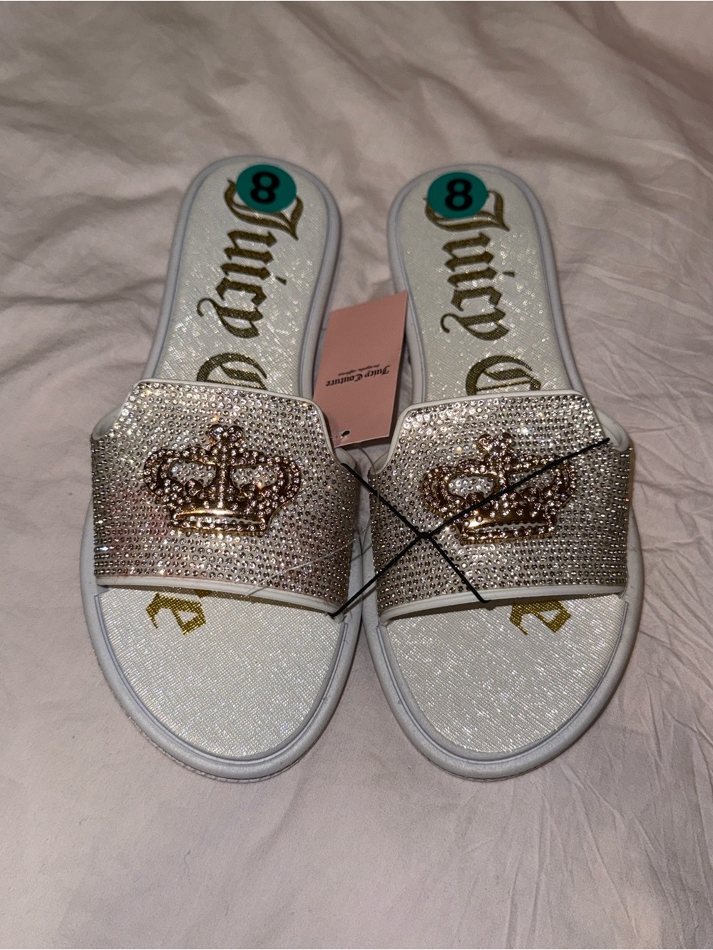 Juicy Couture White Slide Sandals with Gold Crystal Crown